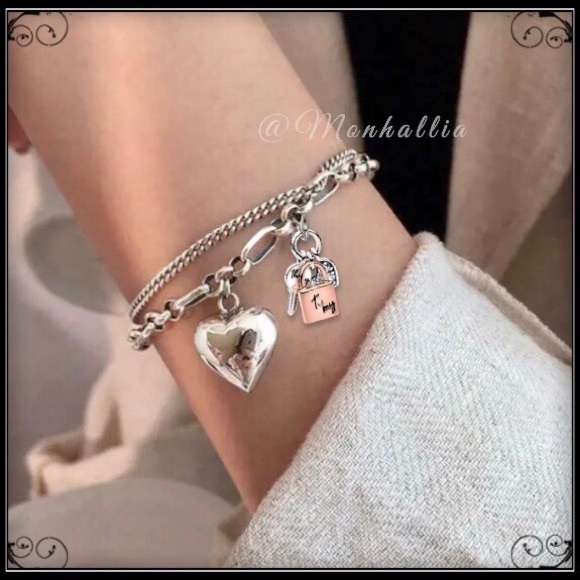 New 14k white gold keys to my heart double chain trinket heart charms bracelet - Picture 4 of 5